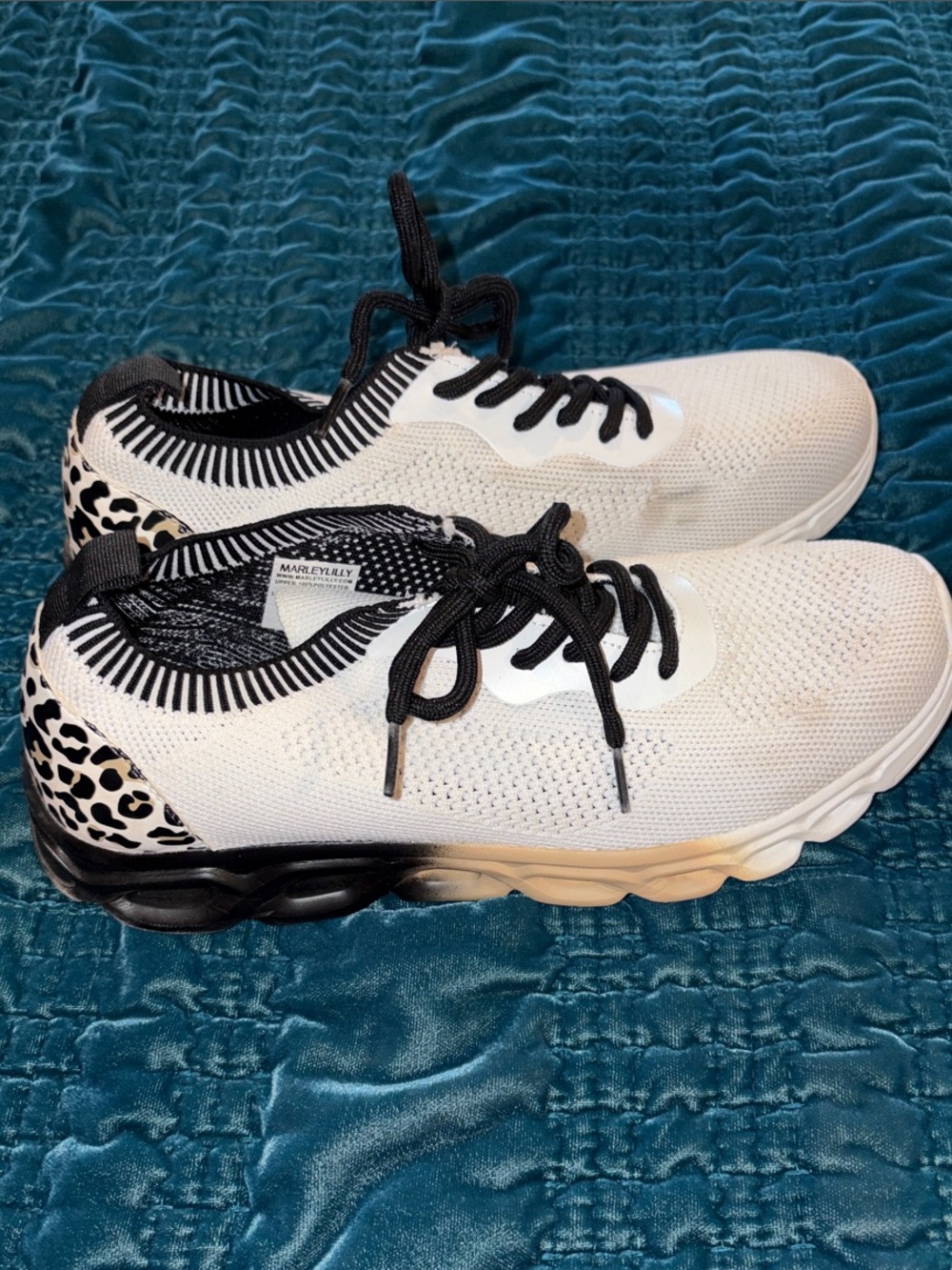 Women’s White Knit Athletic Sneakers with Black Leopard Accent Tongue Monogram
